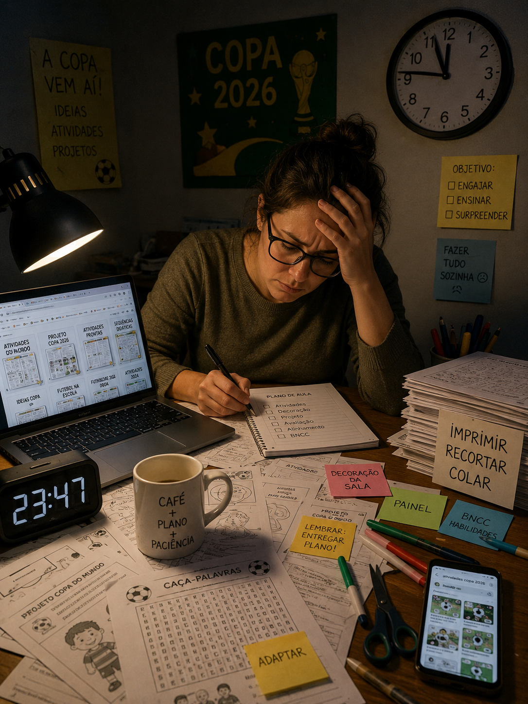 Professora sobrecarregada planejando a Semana da Copa